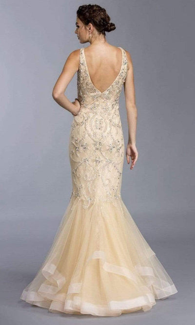 Trevi Collection - L1939 Bugle Beaded Tulle Mermaid Gown Evening Dresses