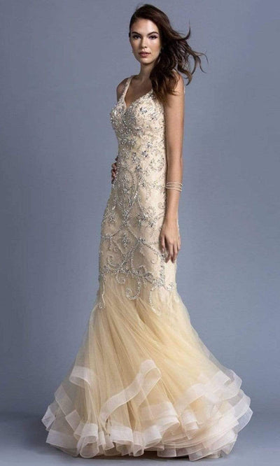 Trevi Collection - L1939 Bugle Beaded Tulle Mermaid Gown Evening Dresses XXS / Champagne