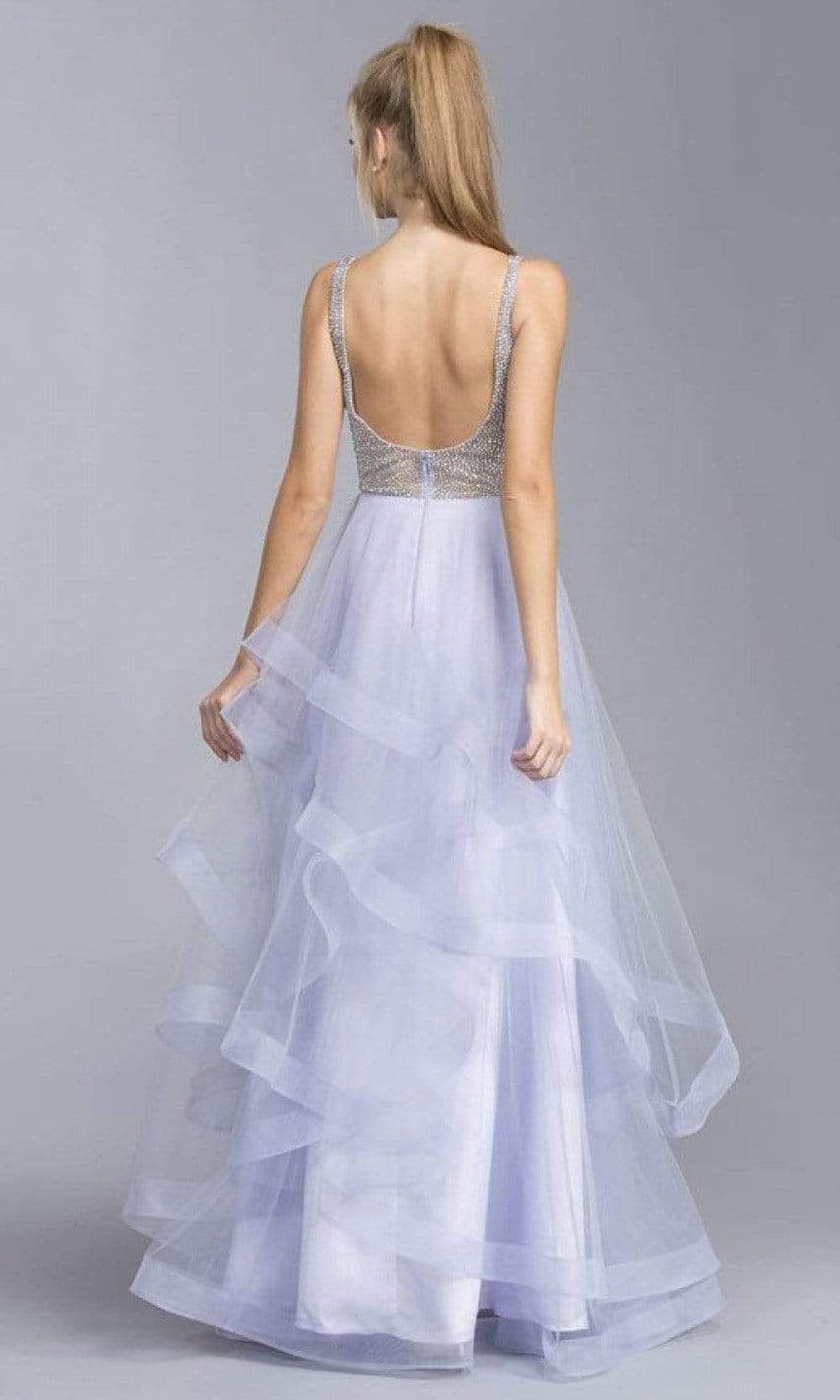 Trevi Collection - L1974 Embellished V Neck Tulle A-Line Gown Prom Dresses XXS / Lilac