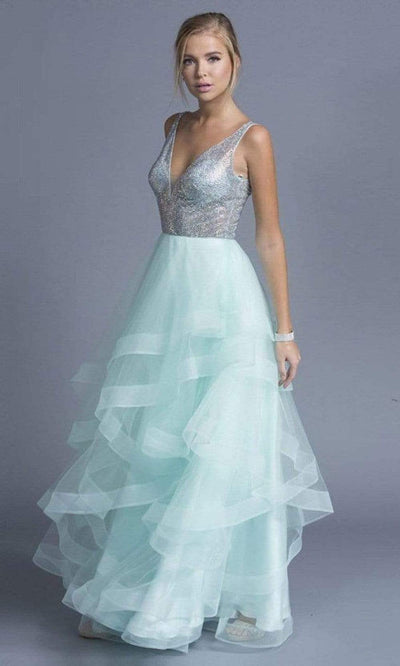 Trevi Collection - L1974 Embellished V Neck Tulle A-Line Gown Prom Dresses XXS / Mint