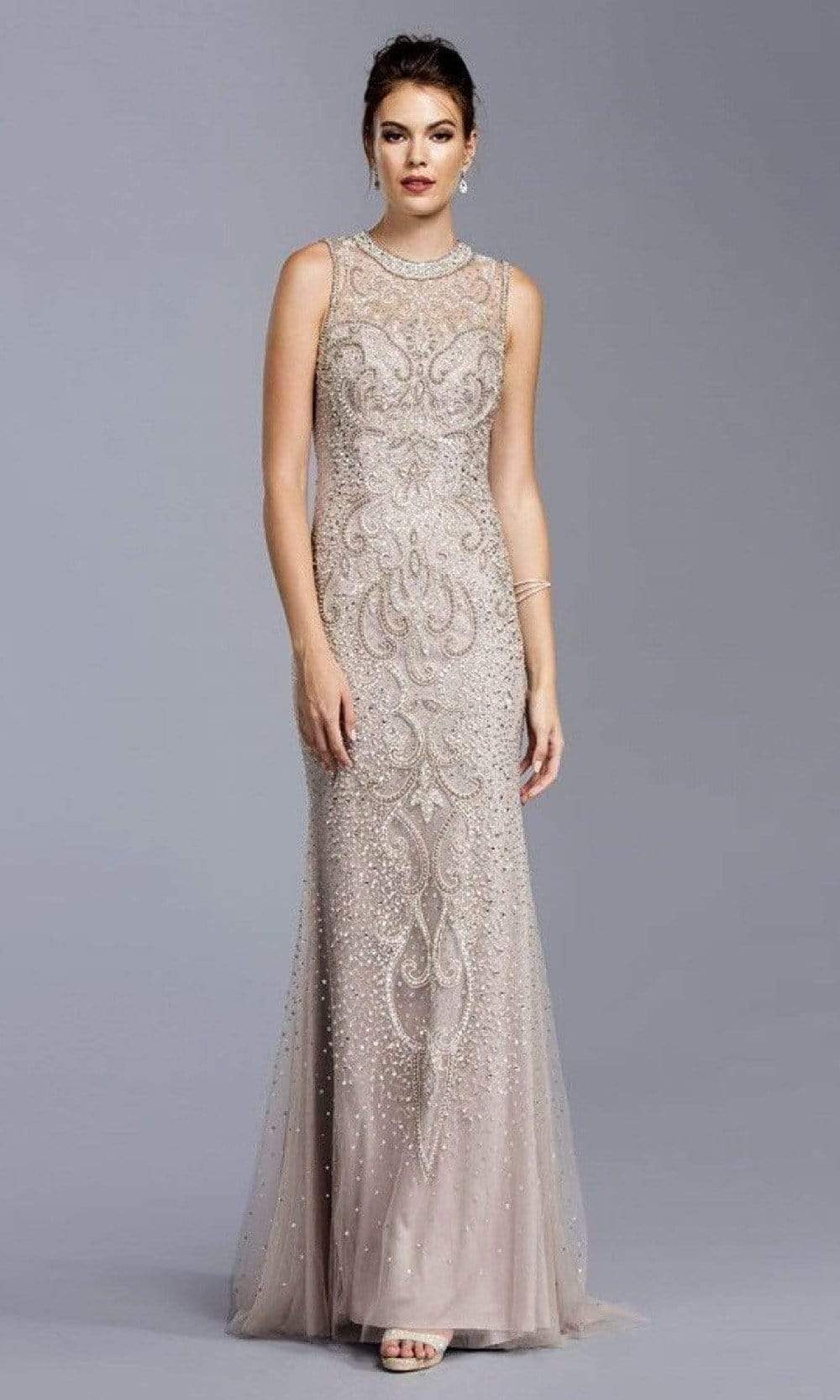 Trevi Collection - L1975 Beaded Jewel Neck Mermaid Dress Evening Dresses XXS / Champagne