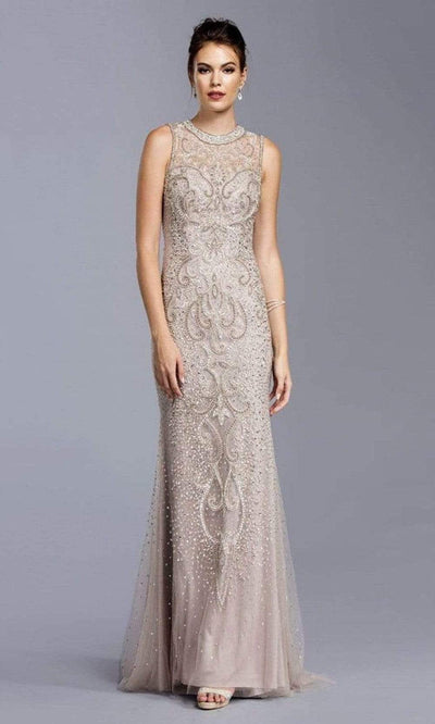 Trevi Collection - L1975 Beaded Jewel Neck Mermaid Dress Evening Dresses XXS / Champagne