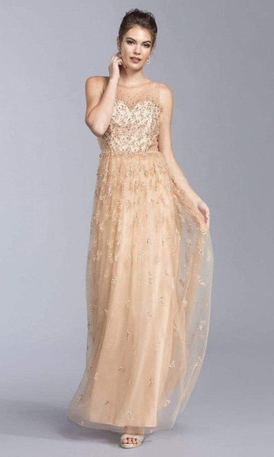 Trevi Collection - L1996 Beaded Illusion Bateau Mesh Dress Evening Dresses XXS / Nude