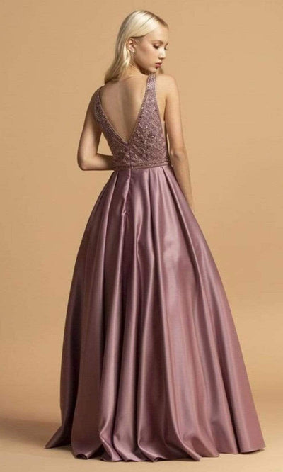 Trevi Collection - L2001 Embroidered Deep V Neck Satin A-Line Gown Prom Dresses