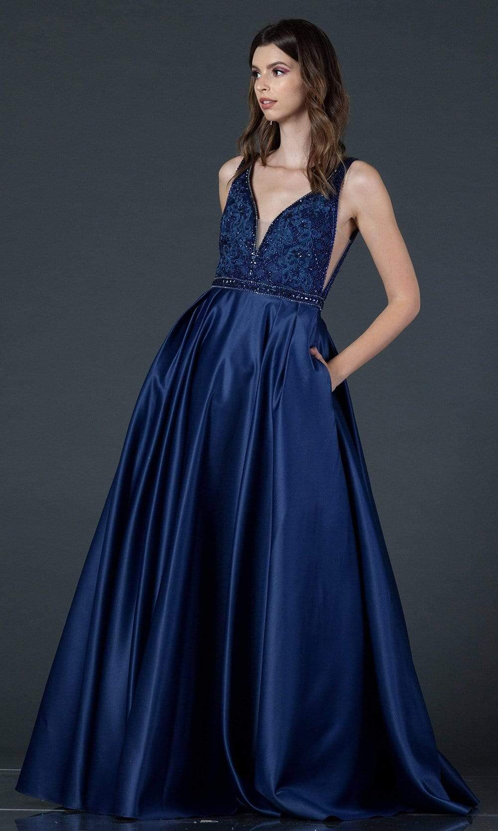 Trevi Collection - L2001 Embroidered Deep V Neck Satin A-Line Gown Prom Dresses XXS / Navy