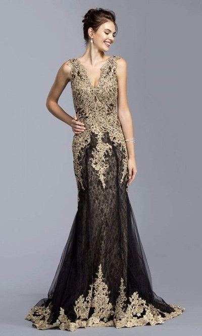 Trevi Collection - L2009 Sleeveless V-Neck Evening Dress Evening Dresses XXS / Black/Gold