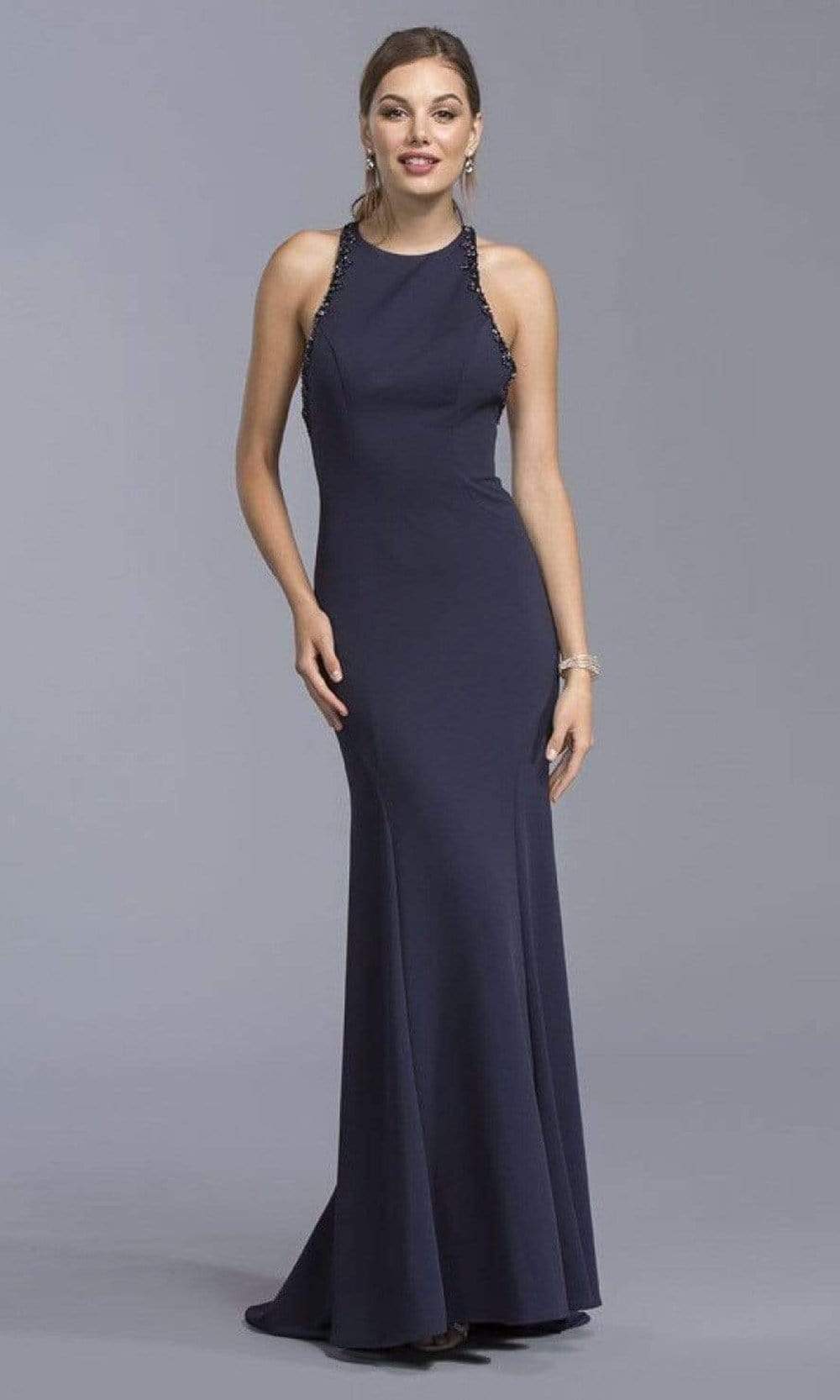 Trevi Collection - L2017 Bead-Trimmed Crisscross Back Dress Evening Dresses XXS / Navy