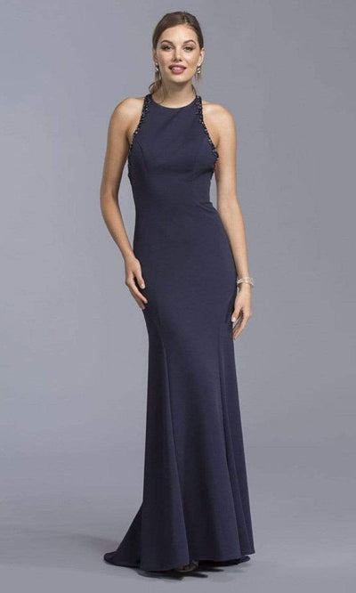 Trevi Collection - L2017 Bead-Trimmed Crisscross Back Dress Evening Dresses XXS / Navy