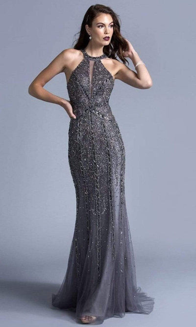 Trevi Collection - L2022 Halter Sheath Evening Dress Evening Dressses XXS / Charcoal