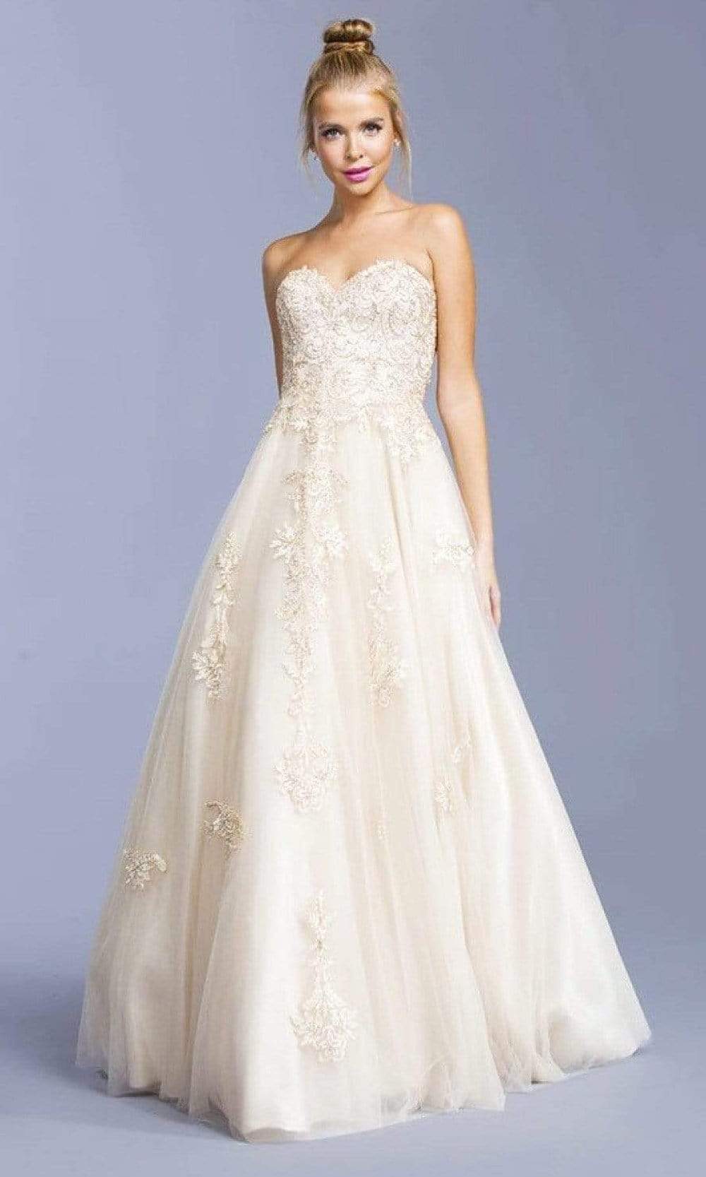 Trevi Collection - L2038 Strapless Sweetheart Applique Ballgown Prom Dresses XXS / Champagne