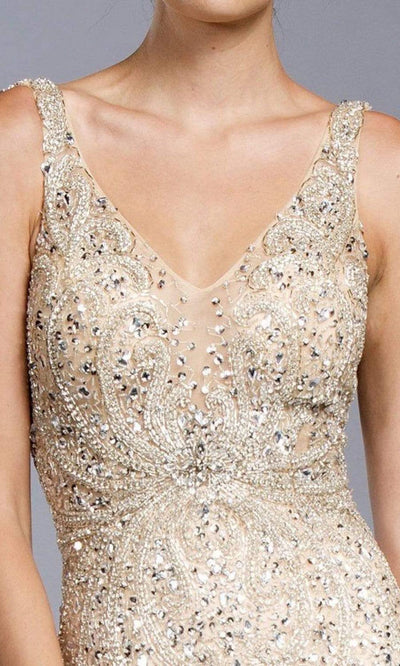 Trevi Collection - L2044 Crystal Beaded Tulle Flared Hem Evening Dresses