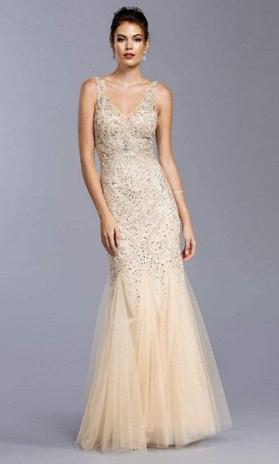 Trevi Collection - L2044 Crystal Beaded Tulle Flared Hem Evening Dresses XXS / Champagne