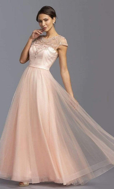 Trevi Collection - L2069 Illusion Jewel Cap Sleeves Evening Dress Evening Dresses XXS / Blush