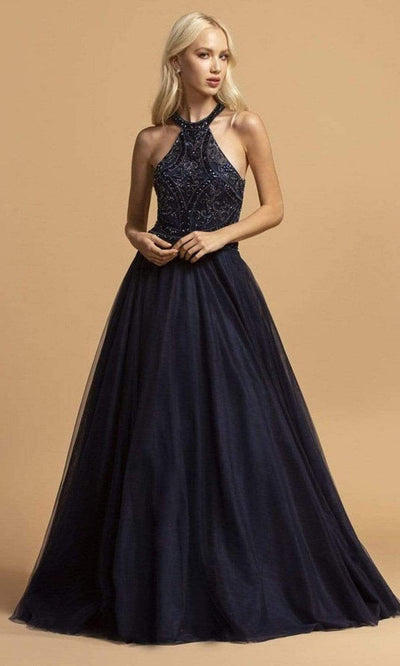 Trevi Collection - L2089 Halter Beaded Evening Dress Evening Dresses XXS / Navy