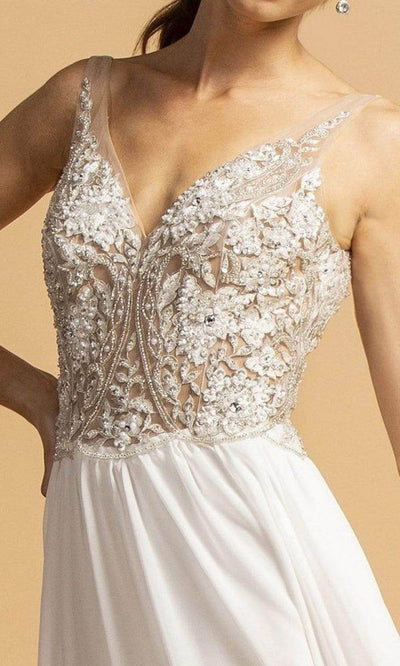 Trevi Collection - L2090SC Beaded V-Neck A-Line Dress In White