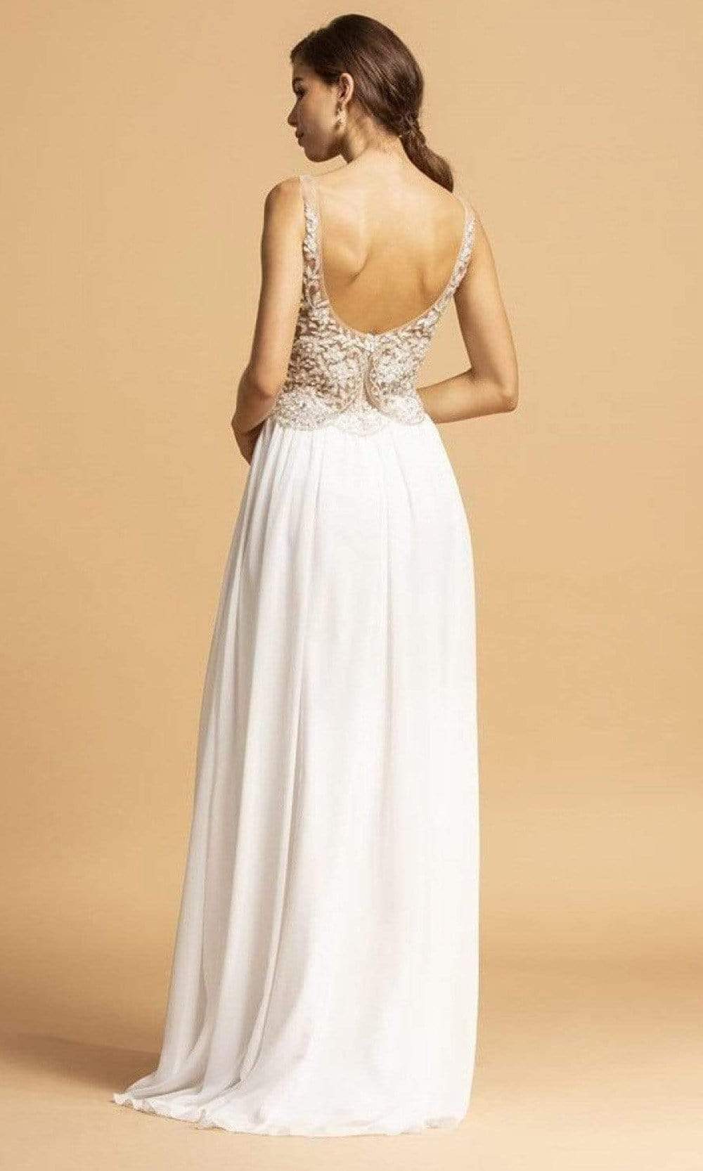 Trevi Collection - L2090SC Beaded V-Neck A-Line Dress In White