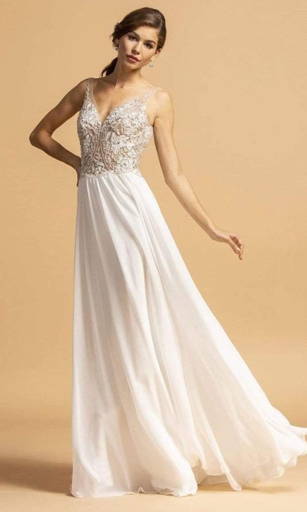 Trevi Collection - L2090SC Beaded V-Neck A-Line Dress In White