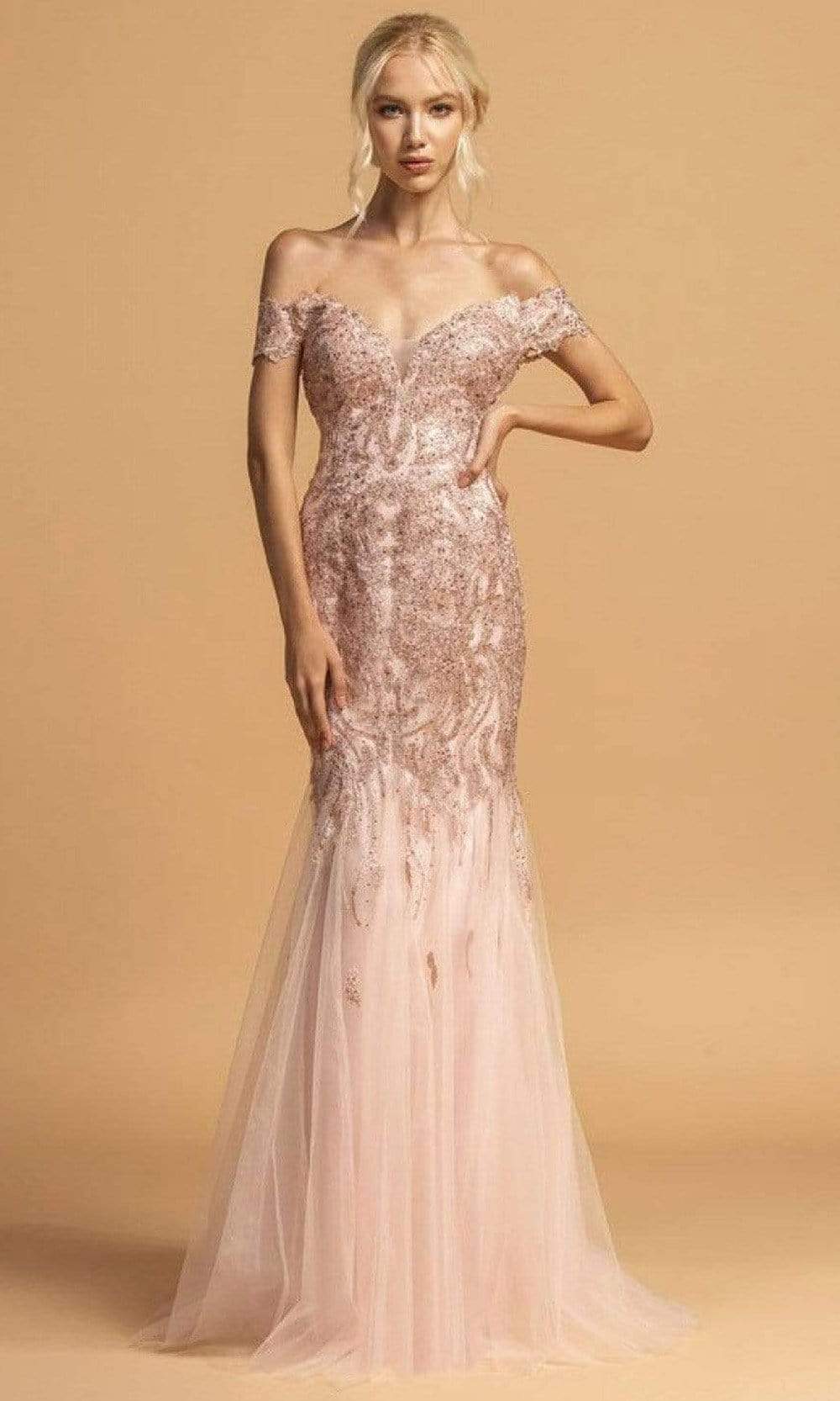 Trevi Collection - L2091 Embroidered Off Shoulder Tulle Gown Evening Dresses XXS / Blush