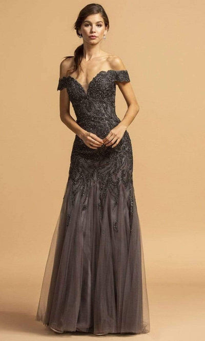 Trevi Collection - L2091 Embroidered Off Shoulder Tulle Gown Evening Dresses XXS / Charcoal