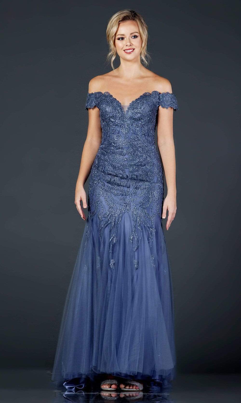 Trevi Collection - L2091 Embroidered Off Shoulder Tulle Gown Evening Dresses XXS / Slate Blue