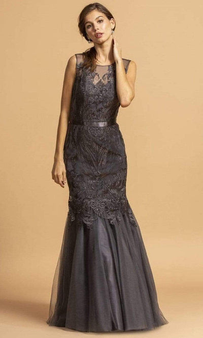 Trevi Collection - L2099 Illusion Jewel Trumpet Evening Dress Evening Dresses XXS / Charcoal