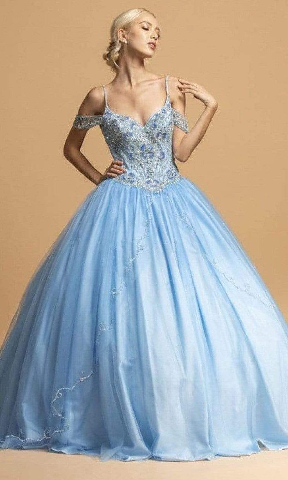 Trevi Collection - L2101 Beaded Cold Shoulder Ballgown Ball Gowns XXS / French Blue