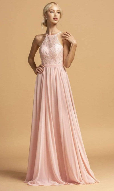 Trevi Collection - L2105 Embellished Halter Neck Chiffon Dress Prom Dresses XXS / Blush