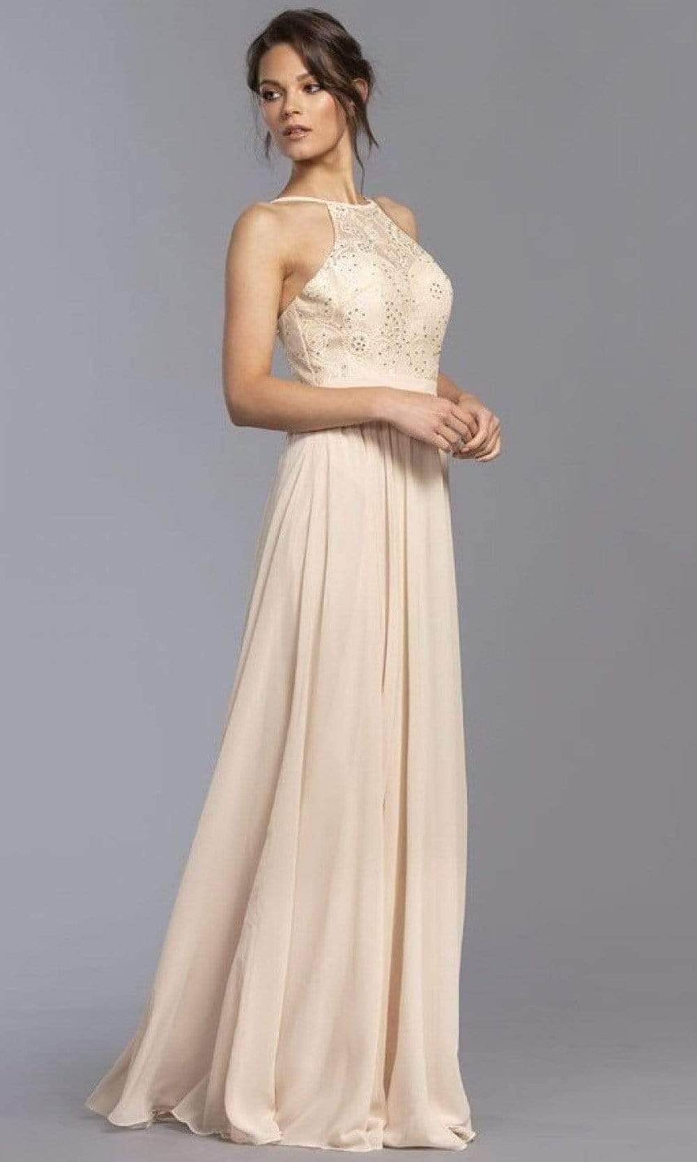 Trevi Collection - L2105 Embellished Halter Neck Chiffon Dress Prom Dresses XXS / Champagne