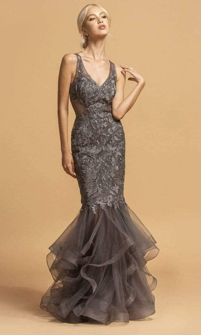 Trevi Collection - L2116 V-Neck Trumpet Evening Dress Evening Dresses XXS / Charcoal