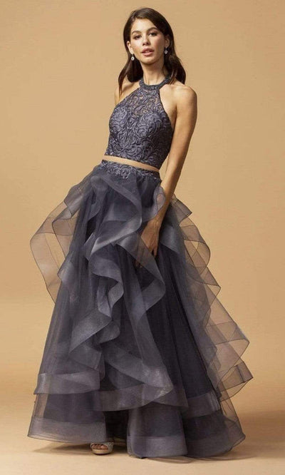 Trevi Collection - L2147 Faux Two-Piece Embroidered Halter Dress Prom Dresses XXS / Charcoal