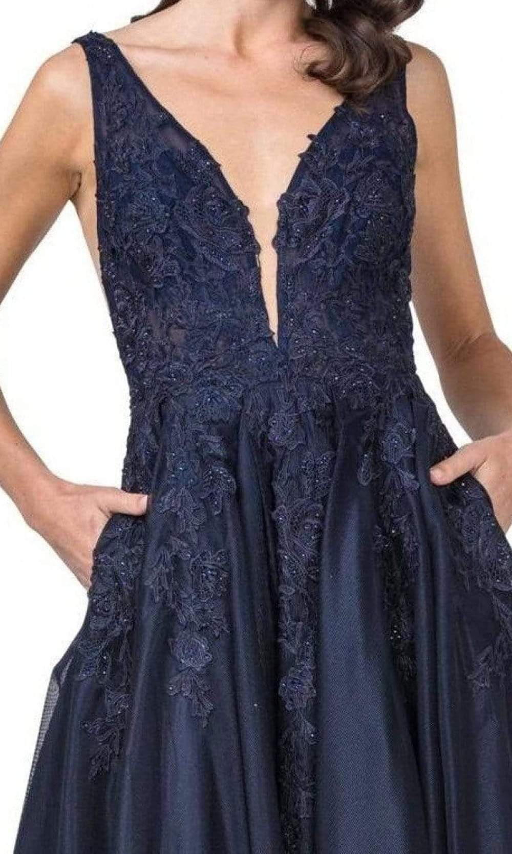 Trevi Collection - L2148 Embroidered Deep V Neck Tulle A-Line Gown Prom Dresses