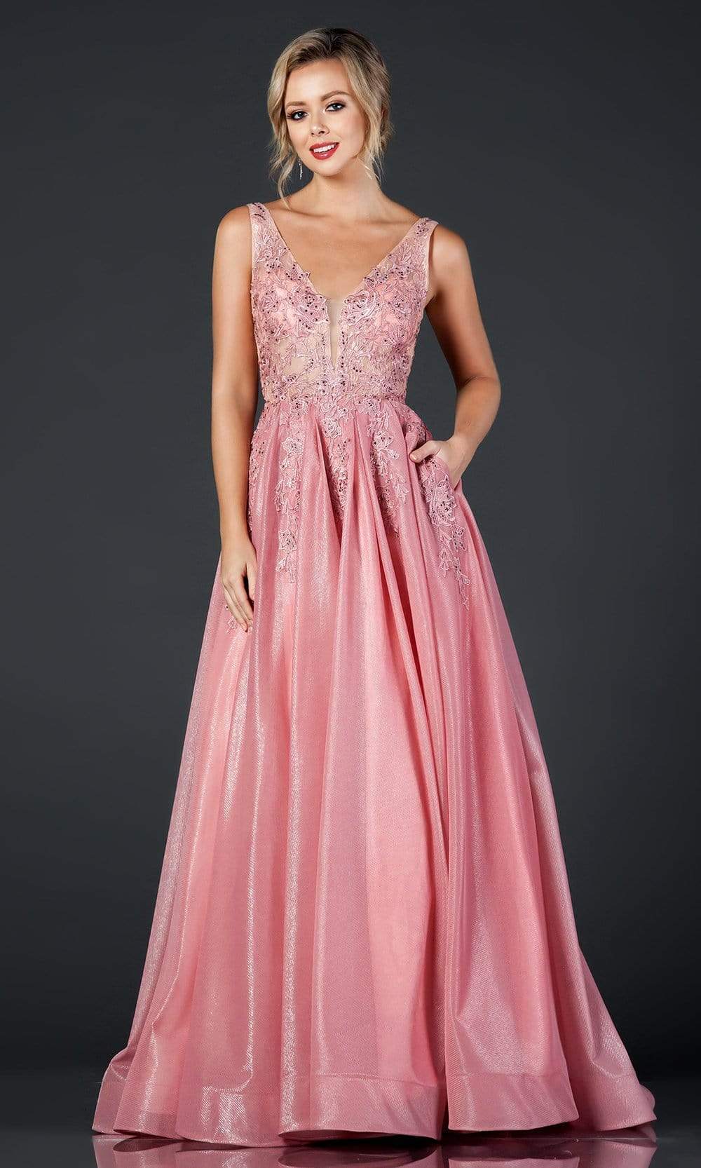 Trevi Collection - L2148 Embroidered Deep V Neck Tulle A-Line Gown Prom Dresses XXS / Dusty Blush