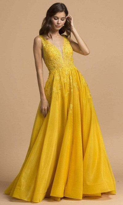 Trevi Collection - L2148 Embroidered Deep V Neck Tulle A-Line Gown Prom Dresses XXS / Marigold