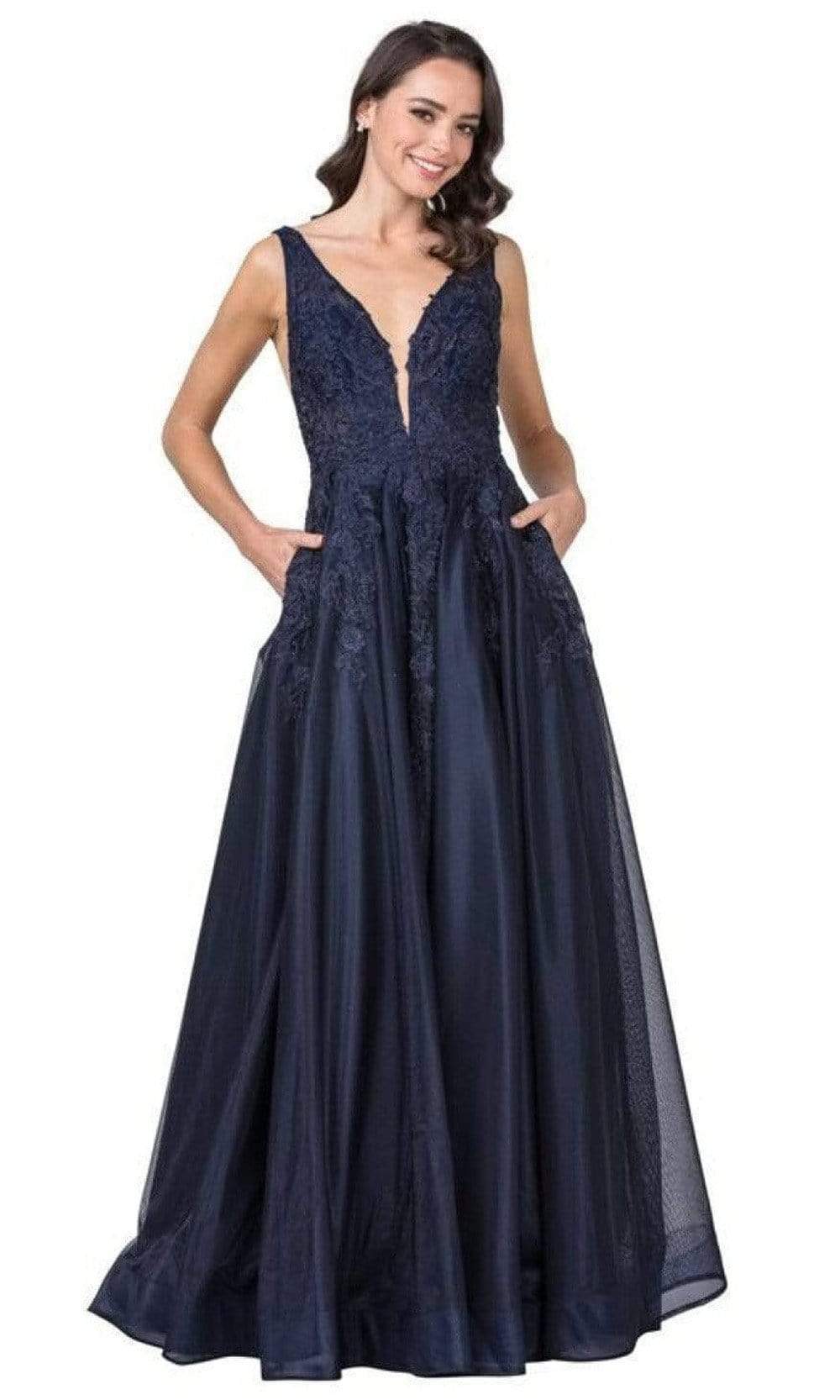 Trevi Collection - L2148 Embroidered Deep V Neck Tulle A-Line Gown Prom Dresses XXS / Navy