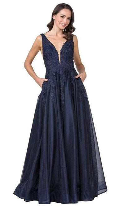 Trevi Collection - L2148 Embroidered Deep V Neck Tulle A-Line Gown Prom Dresses XXS / Navy