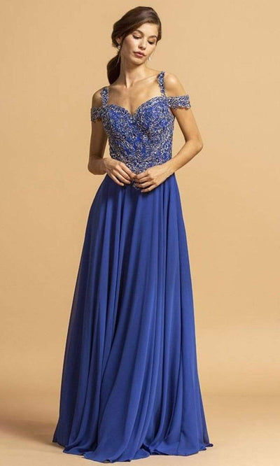 Trevi Collection - L2154 Beaded Cold Shoulder Chiffon Dress Prom Dresses XXS / Royal