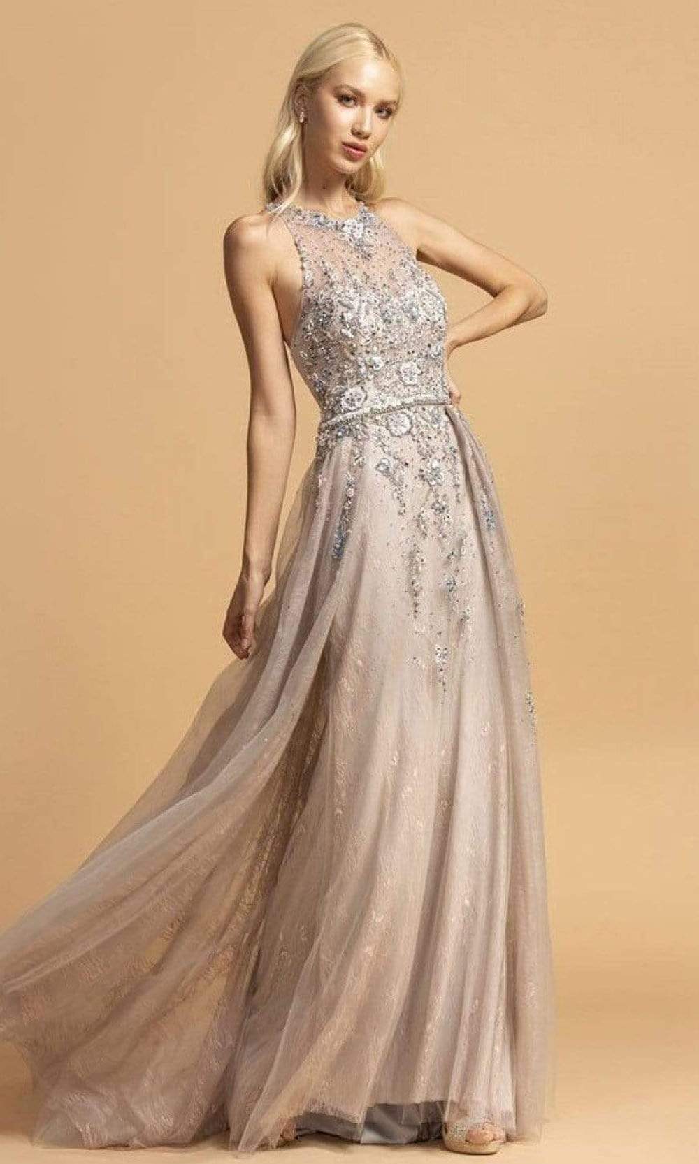 Trevi Collection - L2155 Bedazzled Lace A-Line Flowy Dress Prom Dresses XXS / Silver Blush