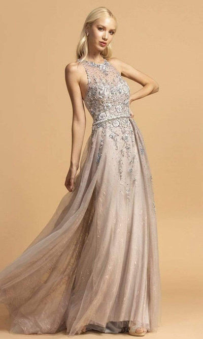 Trevi Collection - L2155 Bedazzled Lace A-Line Flowy Dress Prom Dresses XXS / Silver Blush