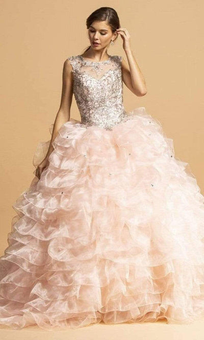 Trevi Collection - L2156 Beaded Applique Ruffled Ballgown Ball Gowns XXS / Blush