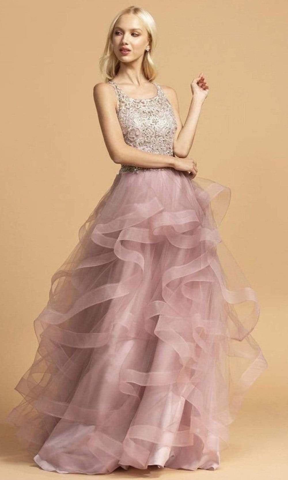 Trevi Collection - L2160 Lace Bodice Tiered Tulle Dress Prom Dresses XXS / Mauve