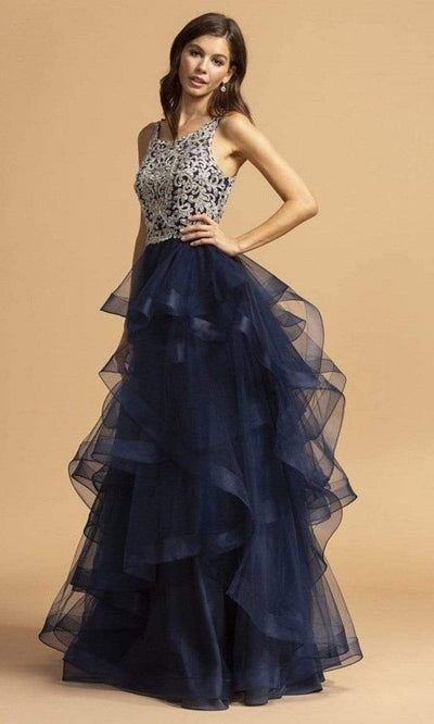 Trevi Collection - L2160 Lace Bodice Tiered Tulle Dress Prom Dresses XXS / Navy