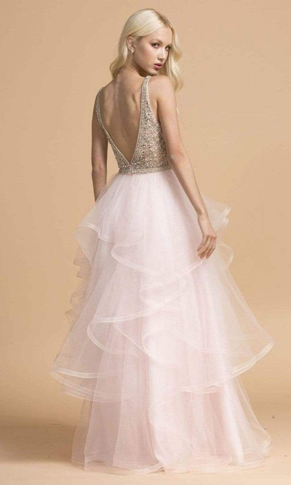 Trevi Collection - L2162 Beaded V-Neck Tiered Tulle Dress Prom Dresses