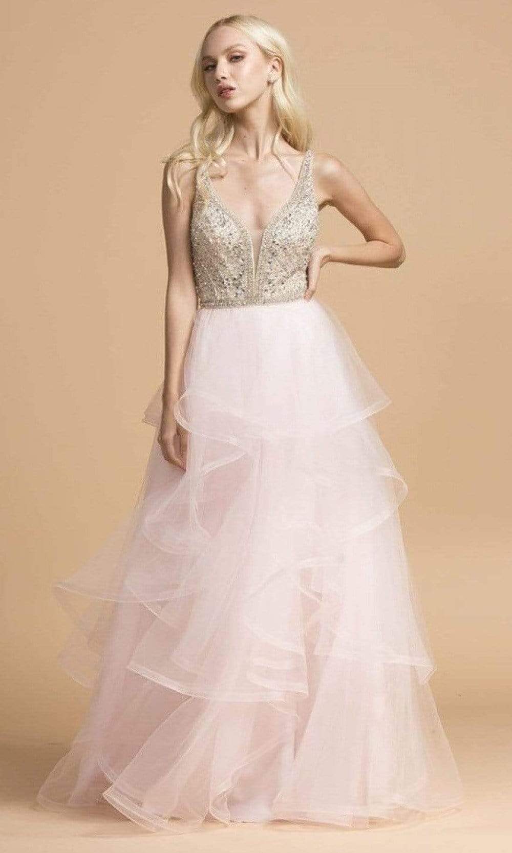 Trevi Collection - L2162 Beaded V-Neck Tiered Tulle Dress Prom Dresses XXS / Blush