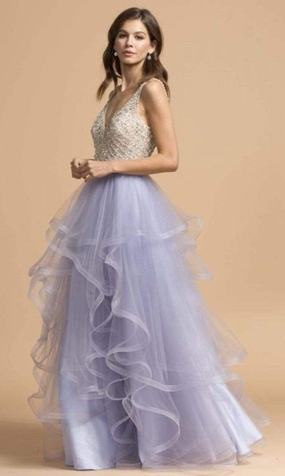 Trevi Collection - L2162 Beaded V-Neck Tiered Tulle Dress Prom Dresses XXS / Pewter