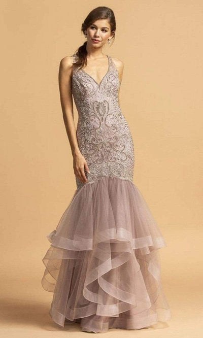 Trevi Collection - L2163 V-Neck Beaded Trumpet Dress Evening Dresses XXS / Mauve