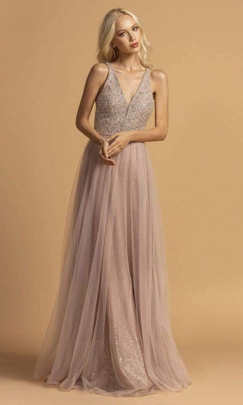 Trevi Collection - L2165 Sleeveless Beaded Tulle A-Line Dress Prom Dresses XXS / Mauve
