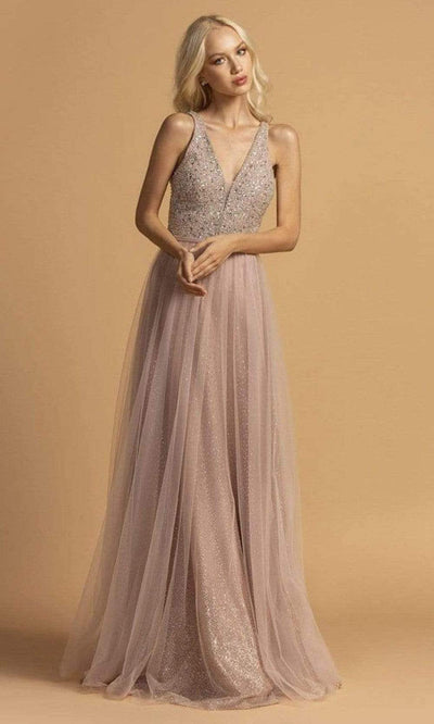 Trevi Collection - L2165 Sleeveless Beaded Tulle A-Line Dress Prom Dresses XXS / Mauve