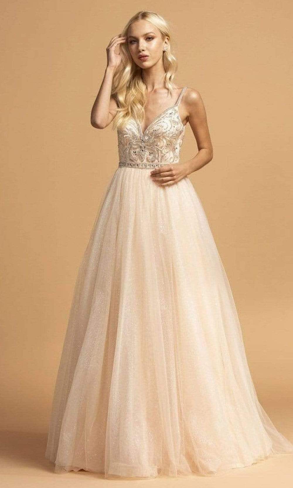 Trevi Collection - L2167 Glitter A-Line Evening Dress Evening Dresses XXS / Champagne