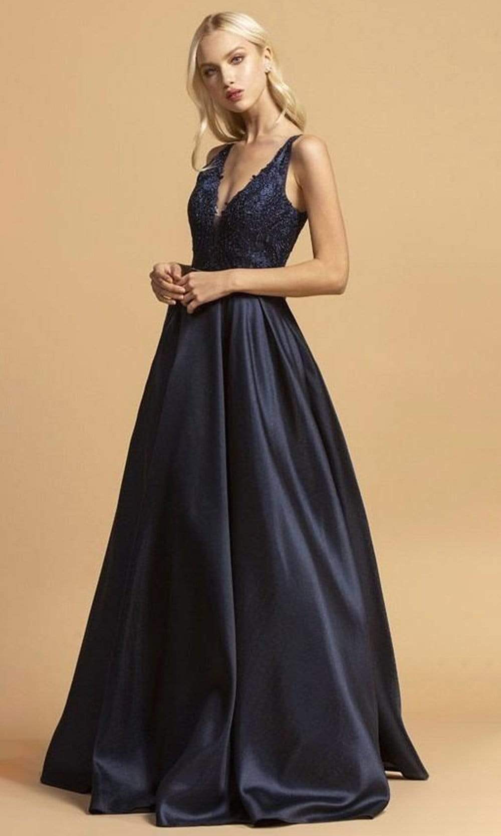 Trevi Collection - L2168 Long Bejeweled Bodice Satin Dress Prom Dresses XXS / Navy