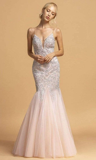 Trevi Collection - L2169 Thin Strap Embellished Mermaid Dress Evening Dresses XXS / Champagne